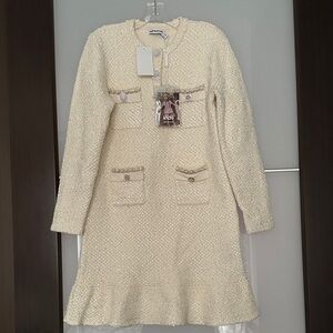 Self-Portrait Ivory Long Sleeve Tweed Dress